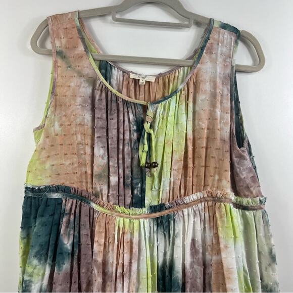 Babydoll Tie Dyed Easel Swiss Dot Tiered Mini Dress Small Boho Hippie Cottage - Picture 3 of 14